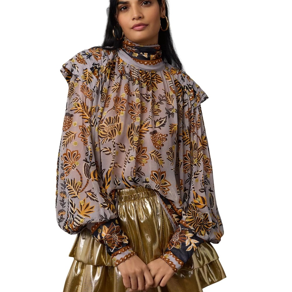 FARM Rio Floral Tapestry Blouse S Sheer Gold Metallic Tie Neck Statement NWT